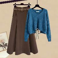 ブルー/セーター+コーヒー/スカート