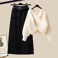 アプリコット/セーター+ブラック／スカート